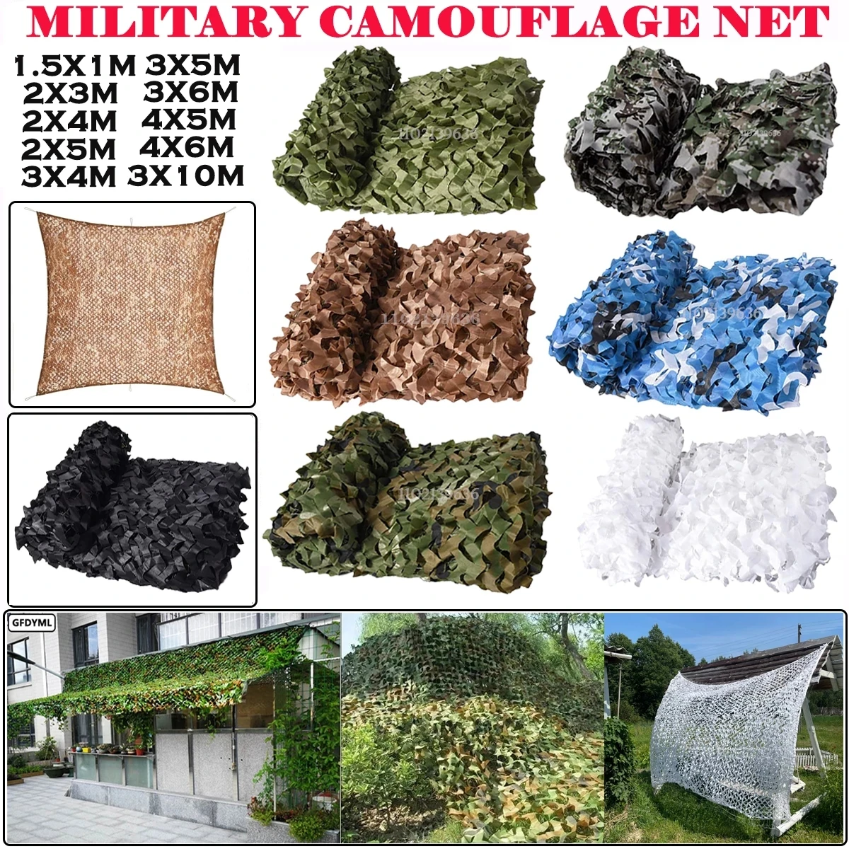 Filet de camouflage militaire, filet de camouflage pour chasse, gazebo de jardin, auvent de voiture, blanc, vert, noir, couleur du désert de la jungle