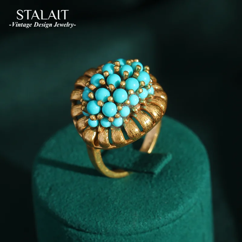 

Victorian Retro 18K Gold Plated Adjustable Turquoise Cluster Ring - Luxurious Jewelry for Banquet & Daily Wear