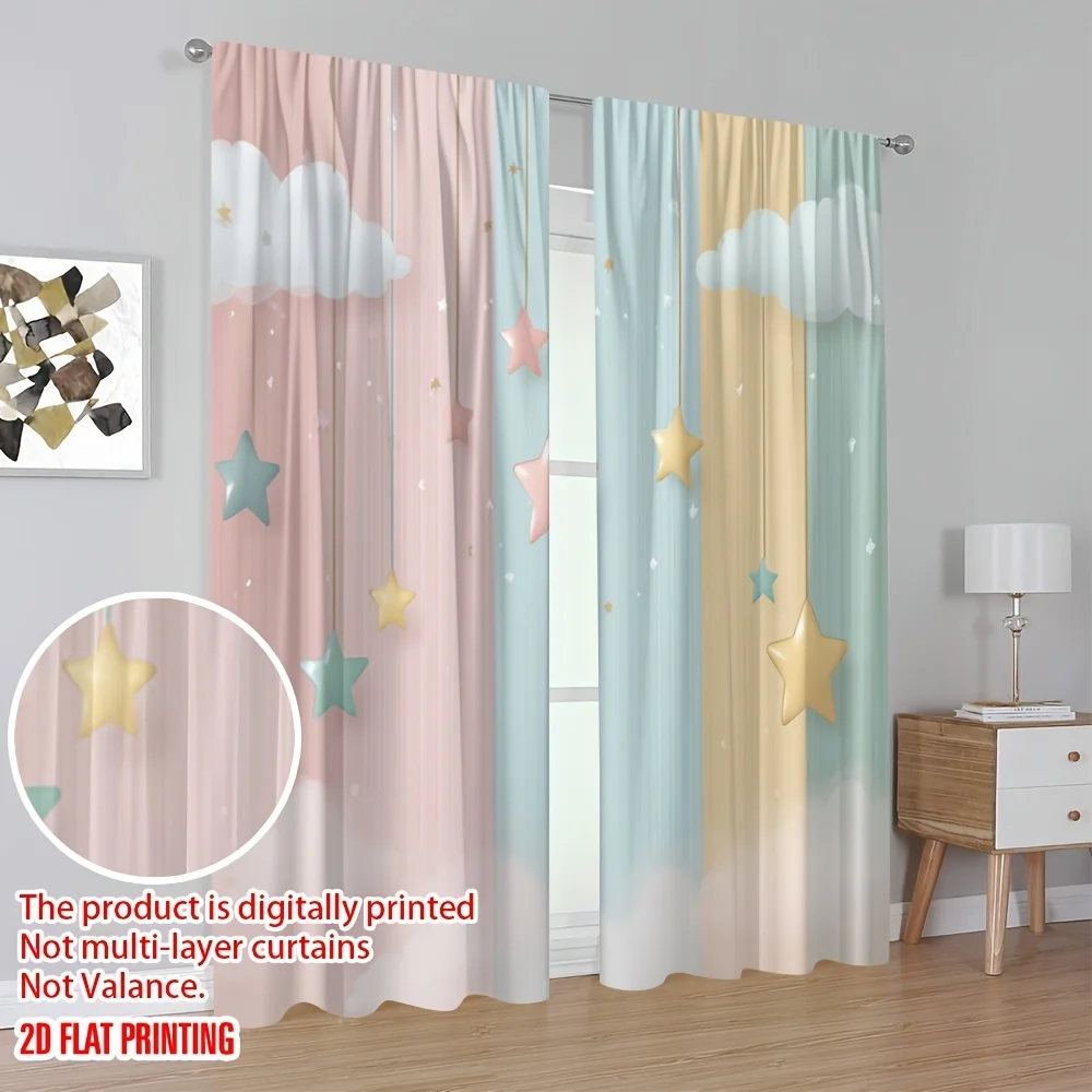 Whimsical Pastel Cloud Star Curtains Panels for Nursery Kids Bedroom Window Decor Polyester Home Drapery Shade