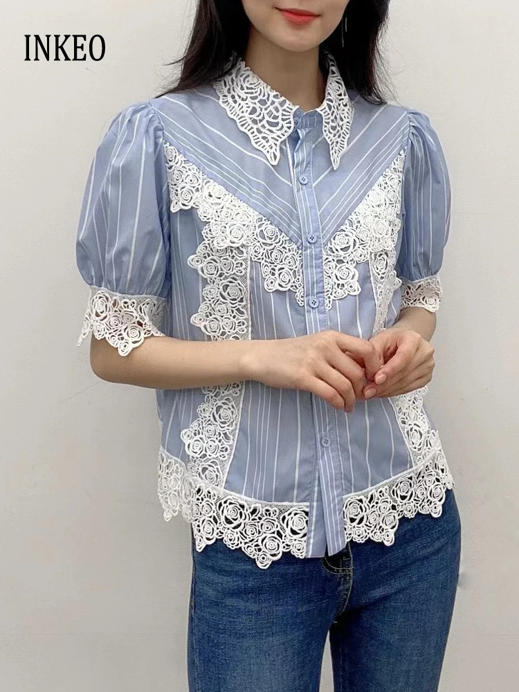 

Fashion lace patchwork blouse for women 2024 Summer Streetwear Striped shirt Puff sleeve tops High quality Female INKEO 4T111