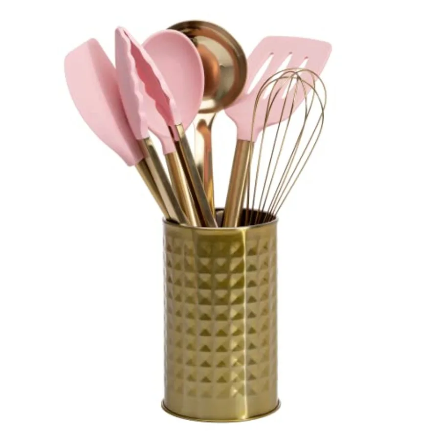 

Kitchen Set Tool Crock with Silicone Cooking Utensils Stainless Steel Whisk and Ladle 7-Piece Pink and Gold