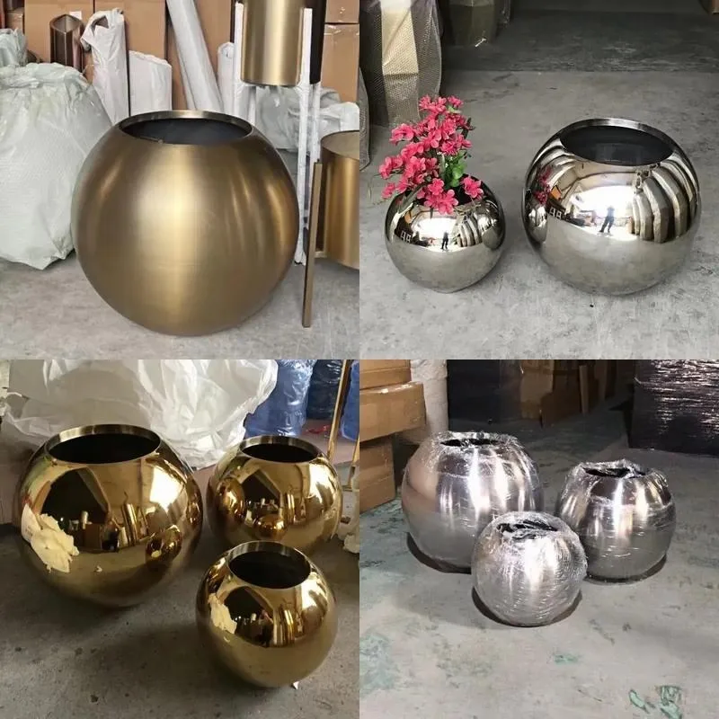 Stylish Spherical Metal Garden Flower Pot Mirror Matte Stainless Steel Planter for Outdoor Decoration
