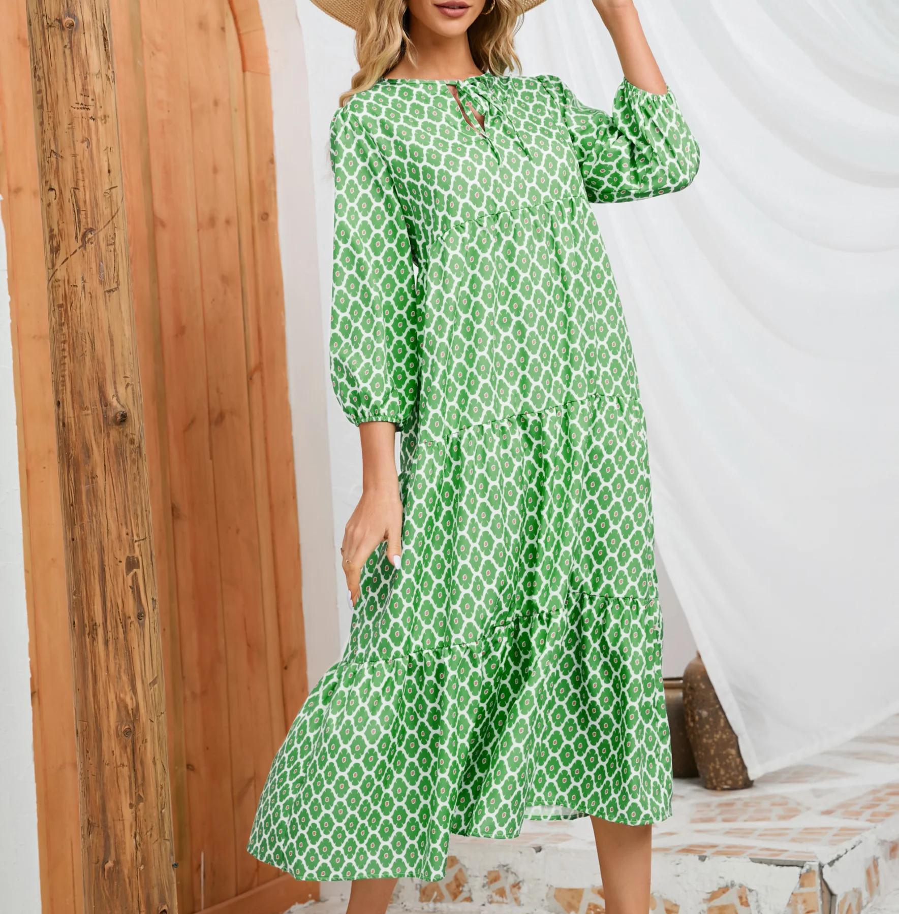 Vestido boho maxi manga folhada feminina, cordão floral casual elegante, decote em v, praia solta de férias, vestido de festa, 2024