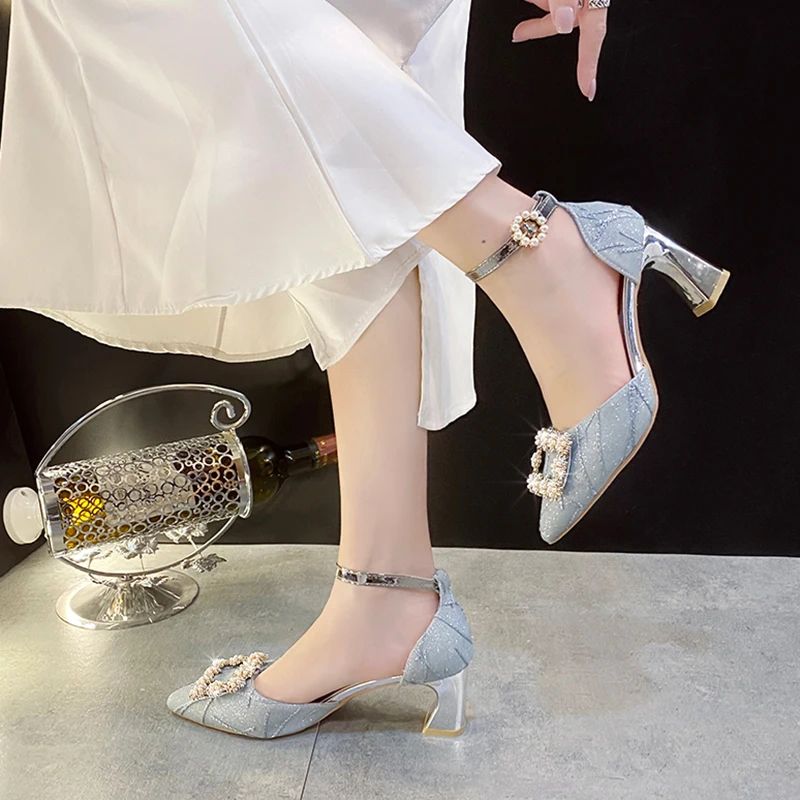 Rimocy Bling Crystal Thin Heels Pumps Women Pointed Toe Ankle Strap Med Heel Party Shoes Woman Elegant Pearl High Heels Shoes