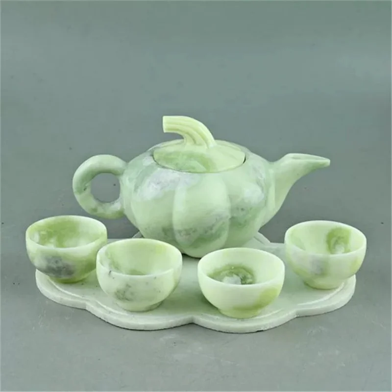 

Chinese Hand-carved Natural lantian Jade Tea Set Pumpkin Teapot Ornament Jade Pot