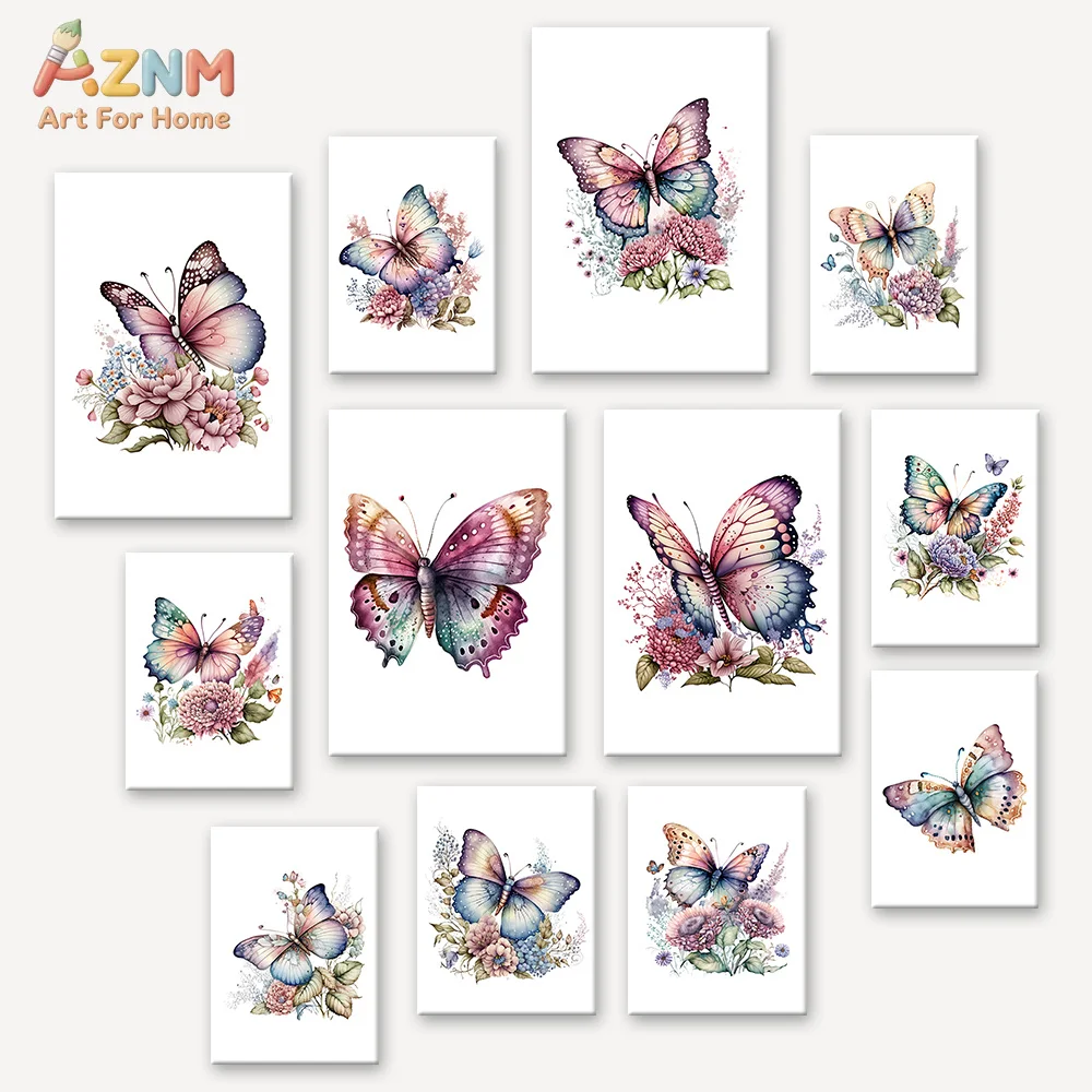 AZNM Unframed Canvas Print Watercolor Butterfly Floral Wall Art Colorful Pastel Flower Home Decor Poster