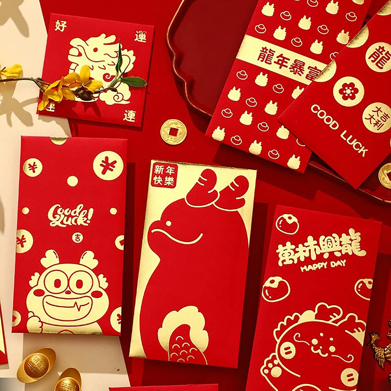 6Pcs Cute Dragon Year Hongbao Red Envelopes For 2024 New Year Spring Festival Red Packet Lucky Money Packets Cartoon Gift Bag