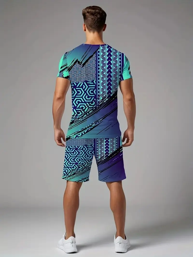 

Мужская футболка из двух предметов, летняя одежда с геометрическим 3d принтом и короткими рукавами, модная повседневная уличная мужская одежда