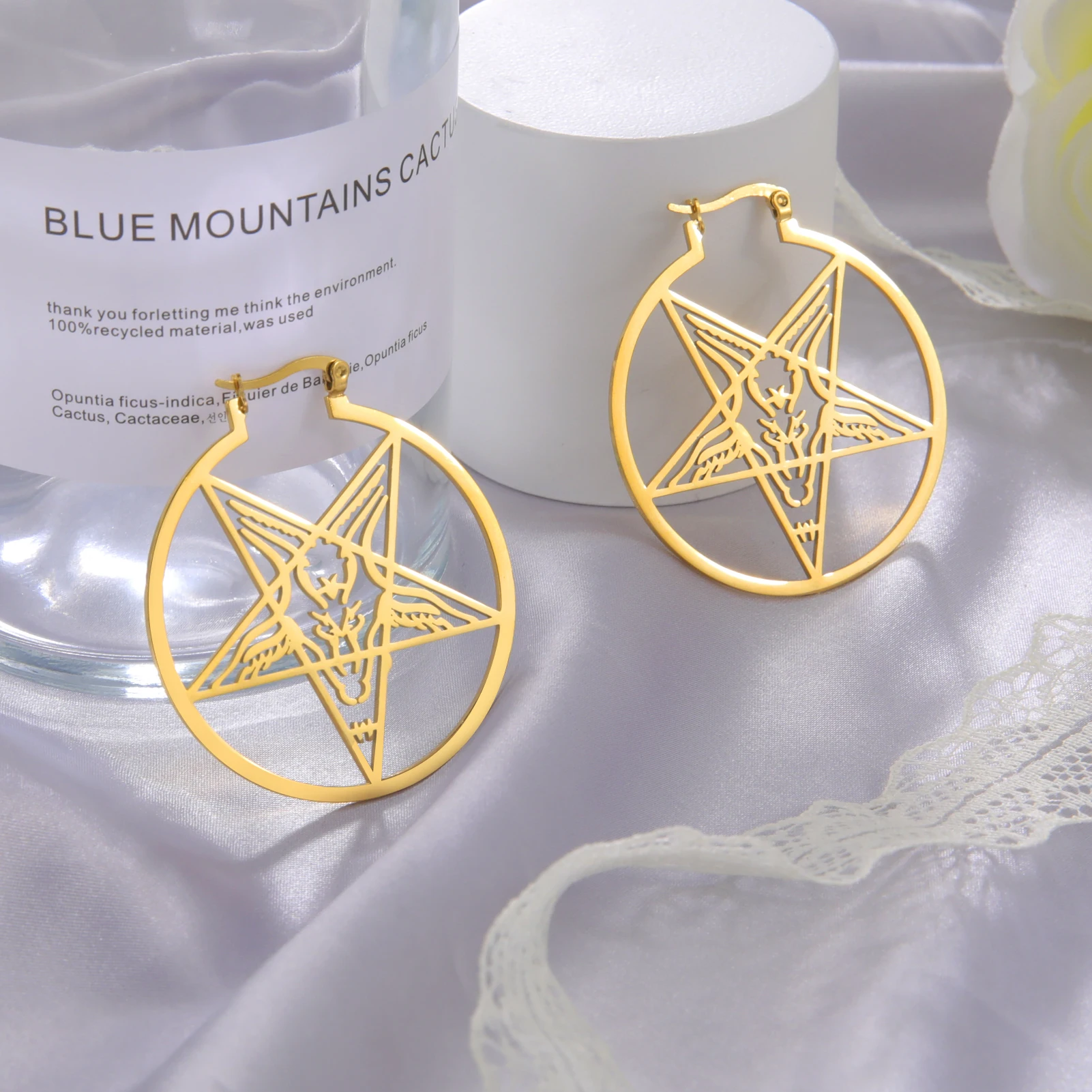 Goth Earrings for Women Stainless Steel Geometric Hoop Earrings Filigree Pentagram Earrings Viking Jewelry Gothic Halloween Gift