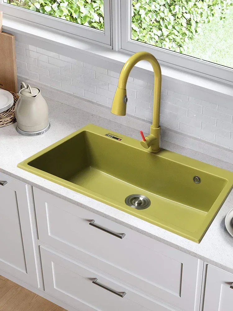 ¡Misión de tendencia de muebles! Kimchi, pimiento, piedra de cuarzo verde, fregadero de cocina grande de una sola ranura, lavabo para lavar platos, hecho a mano