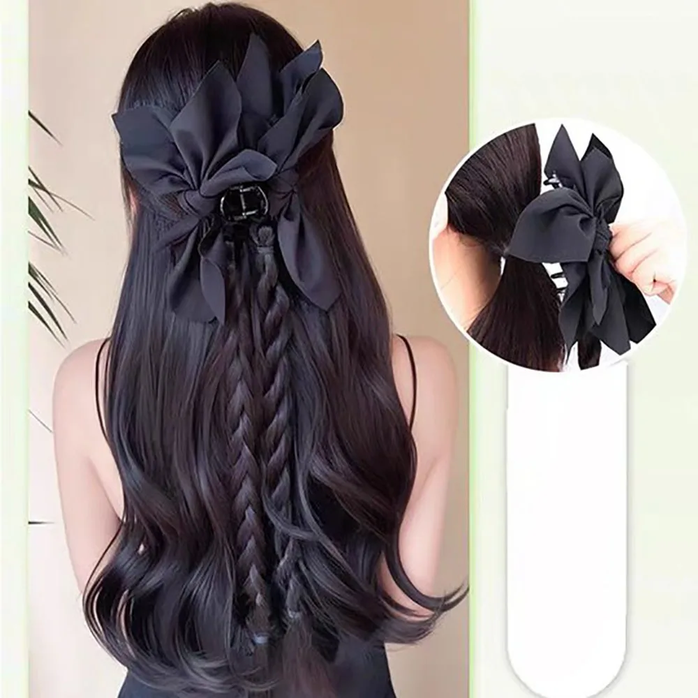 Elegant Women synthetic Black Bowknot Clip Ponytail Wig Natural Simulation DIY Braided Hair Extension