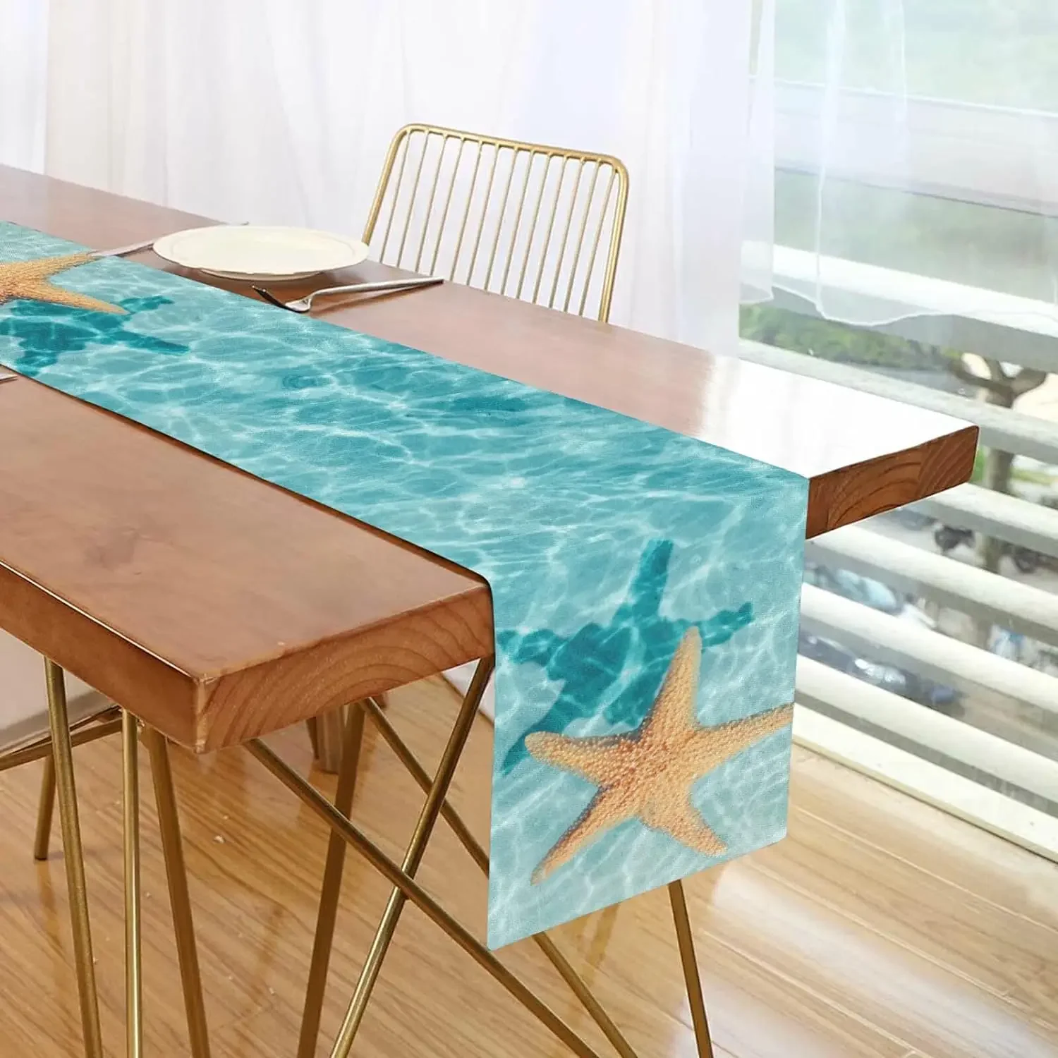 Watercolor Starfish Ocean Linen Table Runners Dresser Scarf Table Decor Reusable Kitchen Dining Table Runners Party Decorations