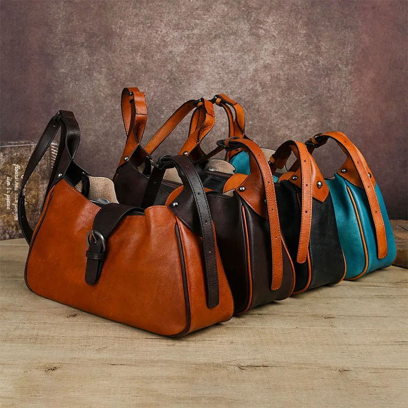 Genuine leather color-blocking retro women's single-shoulder bag, high-end large-capacity crossbody underarm bag