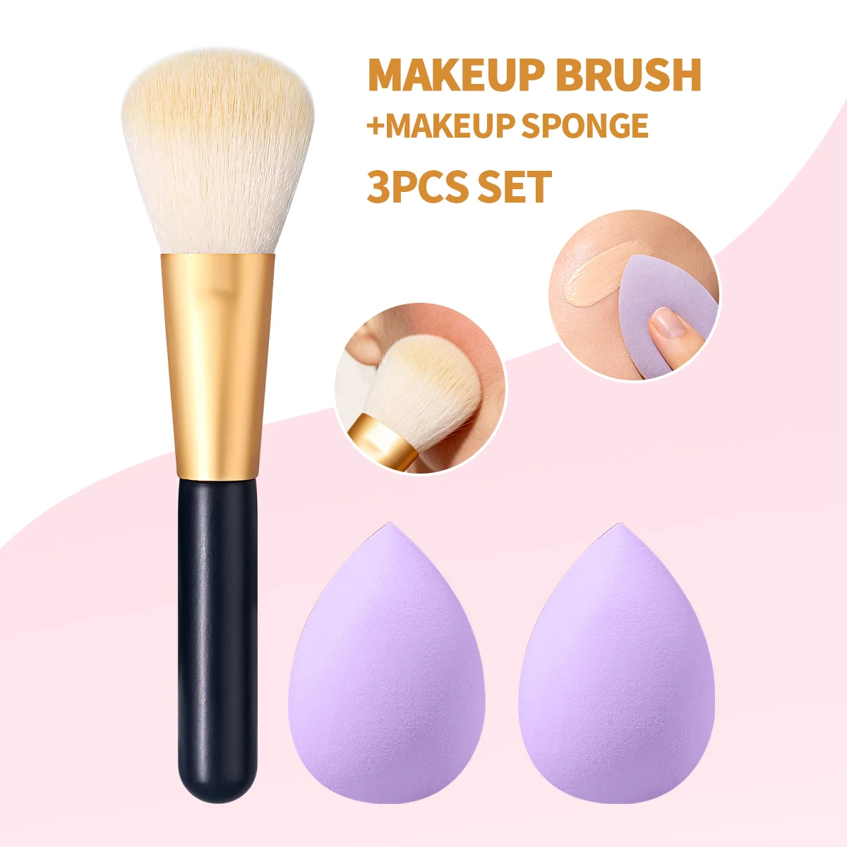 3Pcs Powder Brush,Makeup Sponges,for Loose Powder Blush,All‑in‑One Face Cosmetic Kit for Daily Makeup