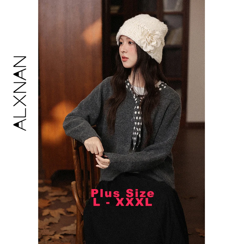 

ALXNAN Plus Size Grey Knitted Cardigans Button Placket Polka Dot Tie Round Neck Sweaters New Autumn Commuting Knitwear D58272