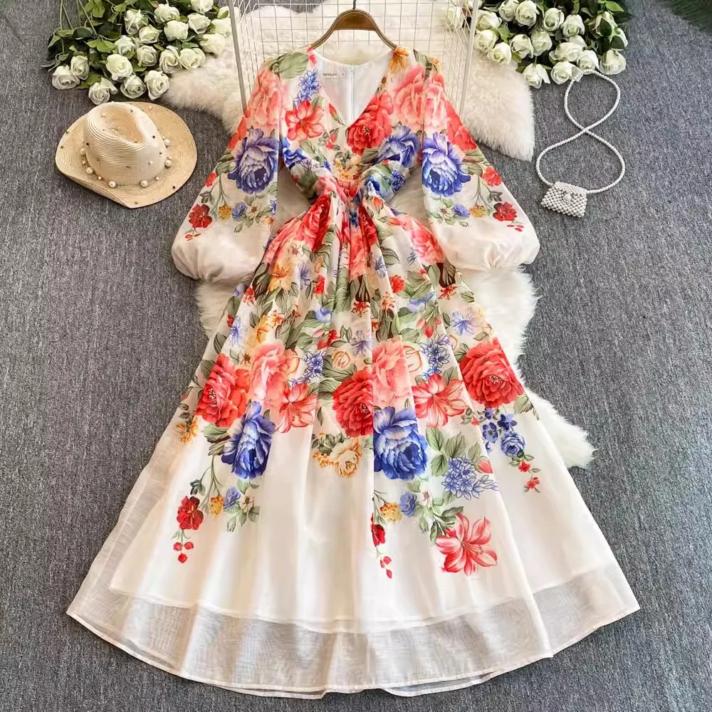 

2025 New Casual Elegant Boho Vacation Party Dresses Women's V-Neck Gorgeous Floral Print Long Lantern Sleeve Summer Maxi Dress