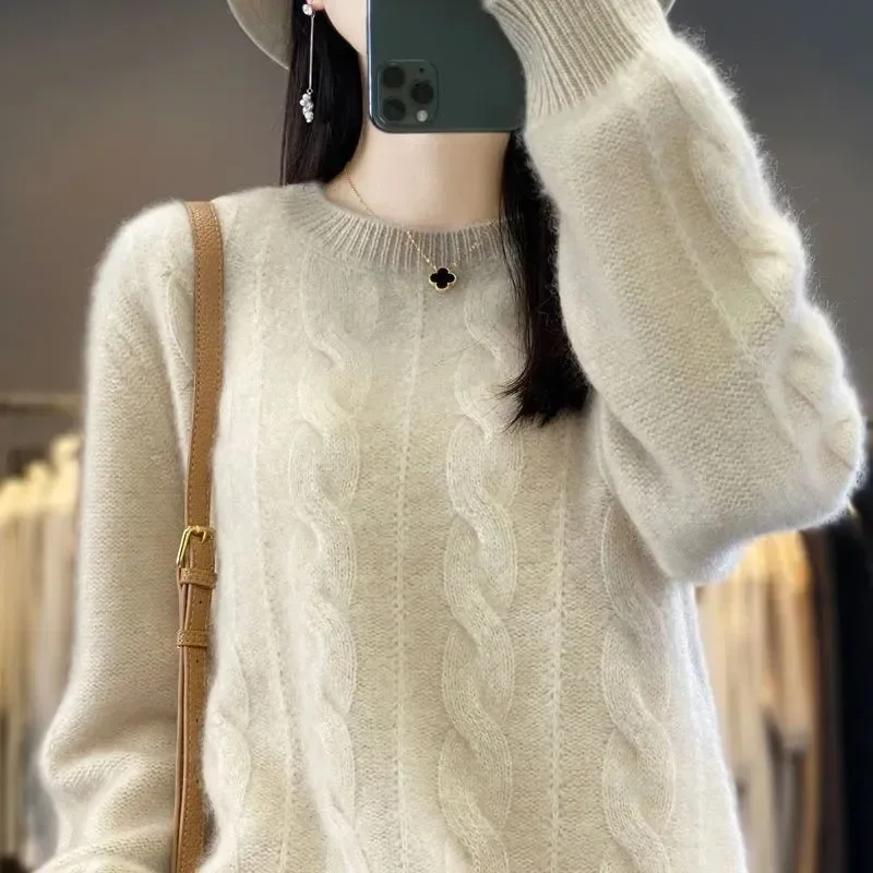 Chic Twist Pullover Sweater Women's Outer Wear 2024 Autumn Winter New Casual Knitt Sweater Loose Round Neck Warm Base Sweater