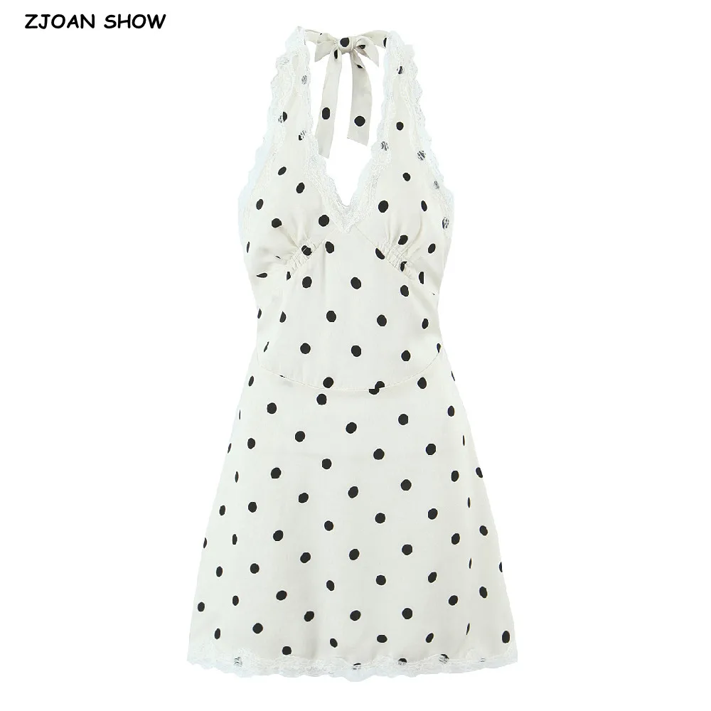 Sexy Beige Black Dot Print Spliced Lace Bow Halter V Collar Backless Mini Dress Women No Back Backless A-line Short Robe Holiday