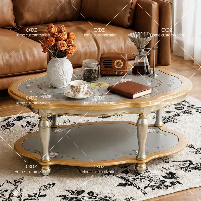 Vintage Large Round Coffee Table with Champagne Oval Floral Pattern Painting for Living Room Centerpiece Decor