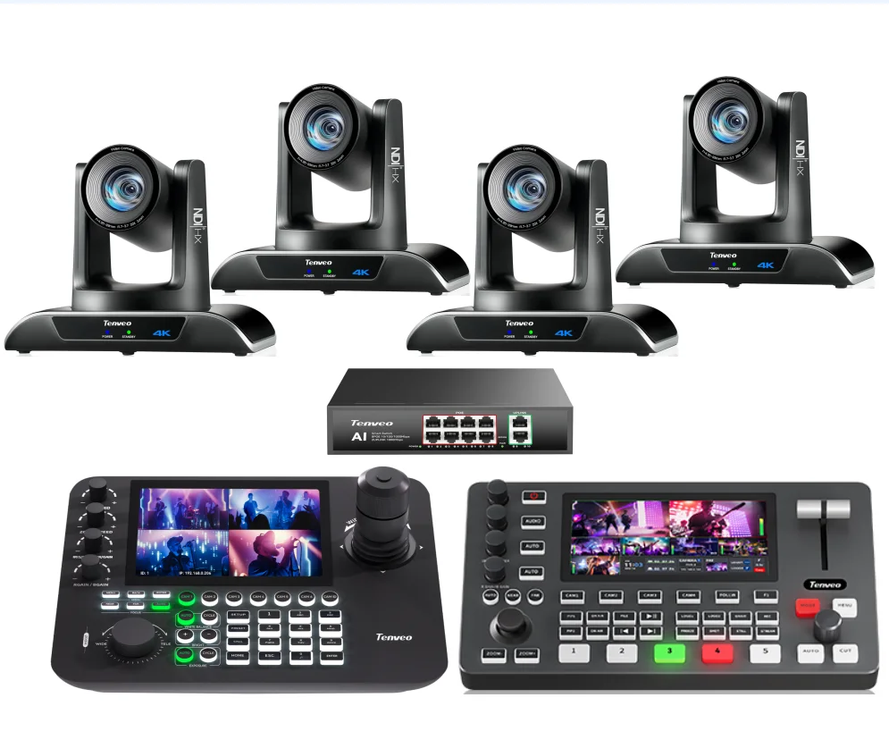 Live Streaming Solution 4PCS 4K 20X Zoom PTZ Streaming Camera + 4 Split Screen Controller + Video Mixer Switcher +POE Switcher