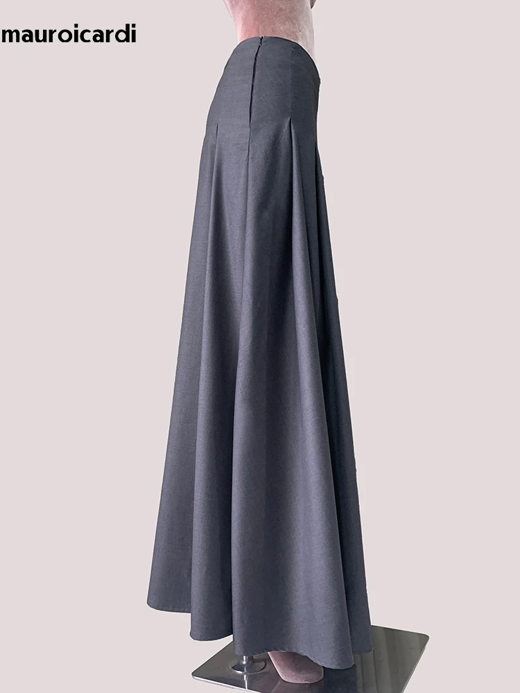 mauroicardi Spring Autumn Gray Flowy Soft Floor Length Pleated Skirt Women Side Slit High Quality Luxury Designer Clothes 2025
