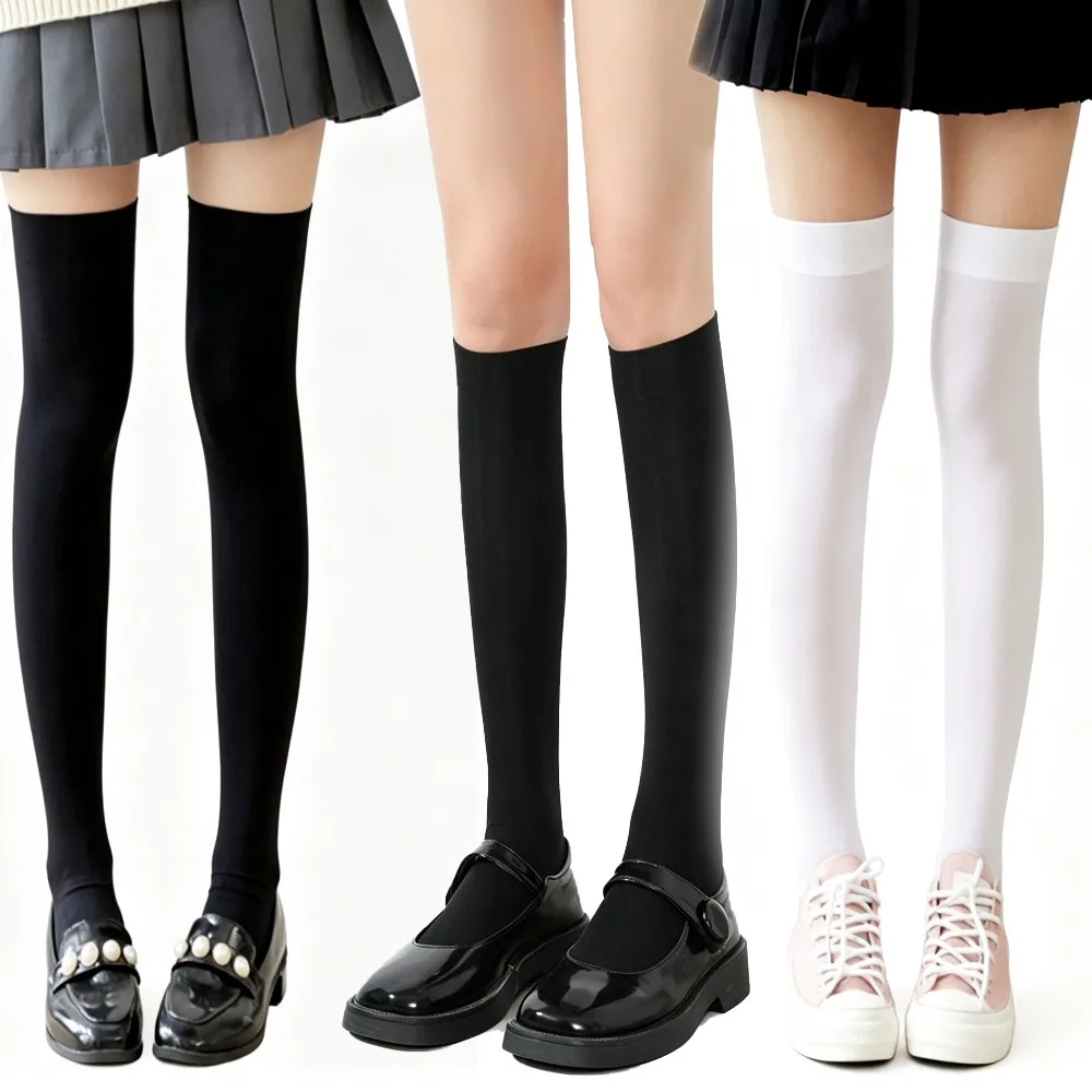 Women's Black White Thigh High Socks Opaque Over the Knee High Stockings Soft Velvet Elastic Long Socks for Lolita Cosplay Daily