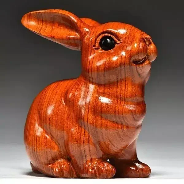 Flower pear solid wood carved rabbit decoration 12 zodiac wood rabbit home feng shui living room jewelry female birthday gift