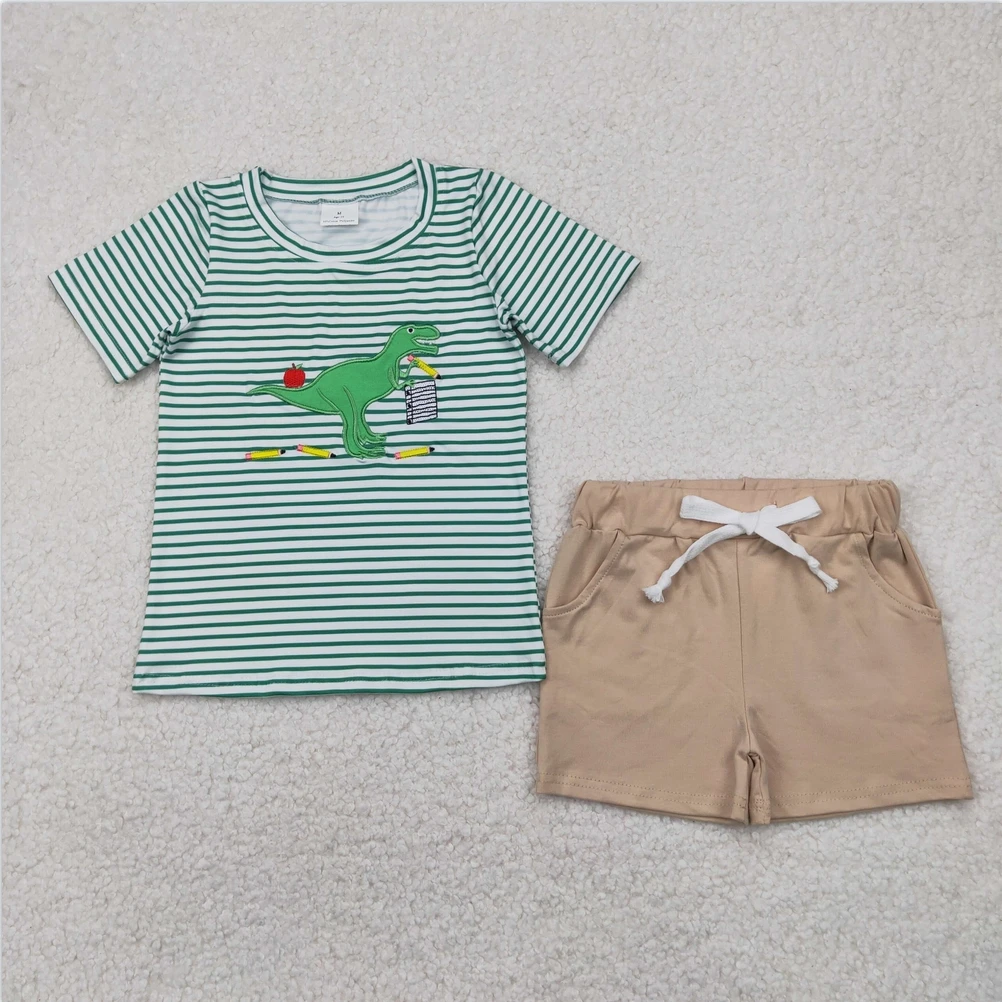 

Hot Sale Back To School RTS Boutiuqe Outfits Embroidery Baby Boys Green Stripe Dinosaur Top Gray Pockets Short Clothes Sets New