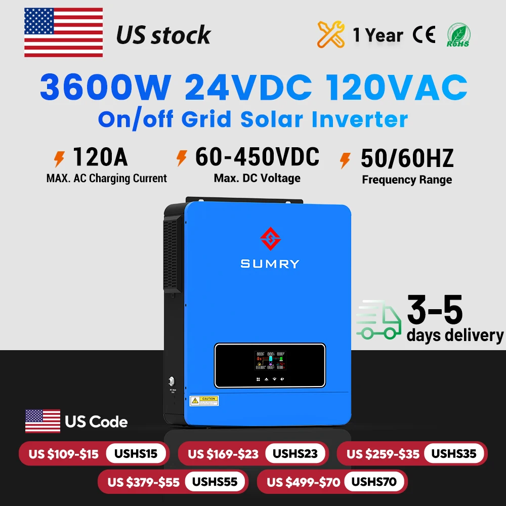 Sumry 3600W Hybrid Solar Inverter 120V 120A MPPT Solar Charger 24V Solar Inverter Dual Output