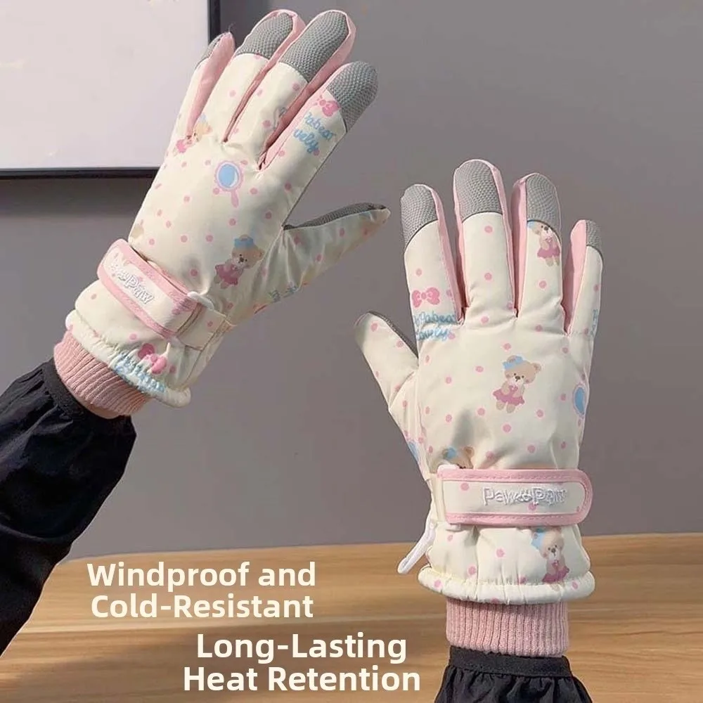 Fleece Liners Ski Mittens Touchscreen Anti-splash Water Thermal Gloves Cartoon Adjustable Snow Mittens Camping