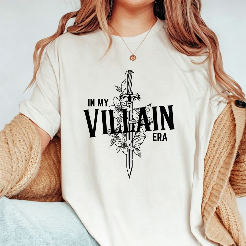 Minimal in My Villain Era Print Tshirt Sword Flower Dark Romance Graphic Short Sleeve Casual Weekend Reading Daily Wear Tee