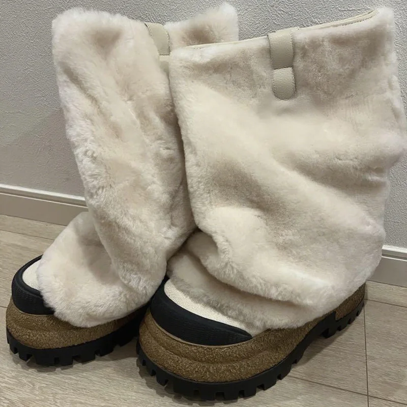 

Beige Fuzzy Platform Mid Calf Boots Women Patchwork Retro Metal Decor Boots 2025 Fashion Street Style Ladies Autumn/Winter Shoes