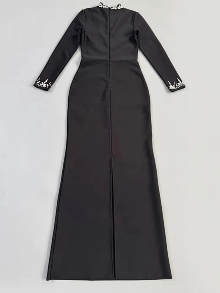 2025 mujeres de lujo Sexy de manga larga rebordear negro Maxi vestido ceñido largo elegante vestido de fiesta de noche para Club