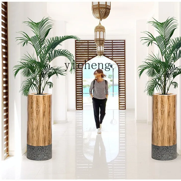 L7-8 creative wood grain two-color vase shopping mall floor-to-ceiling cement potted plant combination decorative ornament