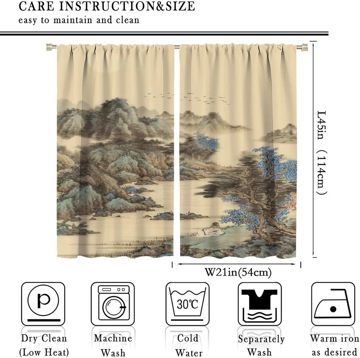 Oriental Chinese Ink Landscape Curtains, Pine Mountain River Nature Print 2 Panels Window Drapes for Bedroom Living Room Decor