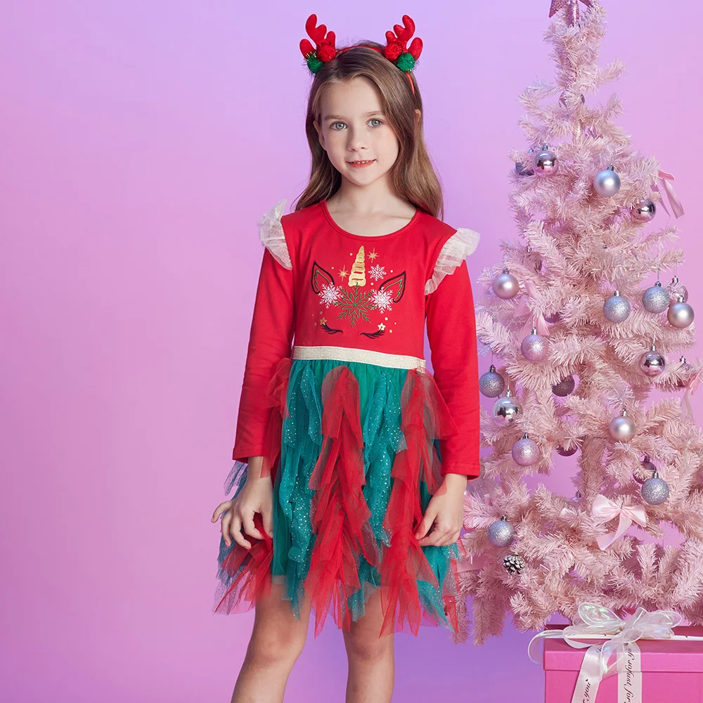 VIKITA Girls Christmas New Year Red Green Dress Kids Flare Sleeve Unicorn Snowflakes Dress Girls Shiny Tutu Princess Dresses