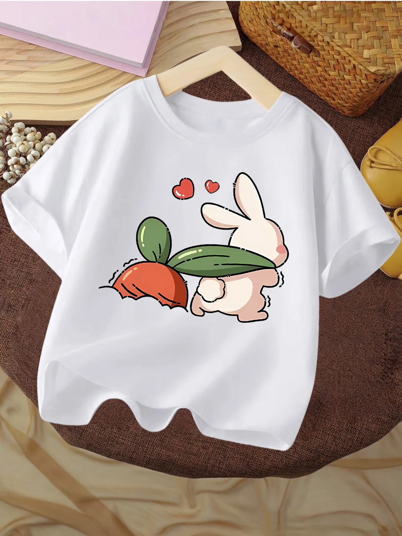Cute White Rabbit Pulling Carrot Lovely Heart Cartoon Graphic T Shirt Family Matching Boys Girls Kids Casual Short Sleeve Tops