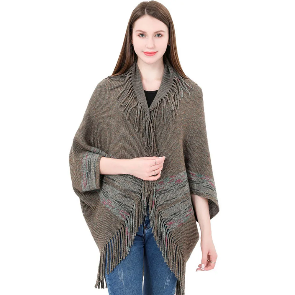 

Winter Batwing Sleeve Ponchos Women Shawls Head Wraps Scarf Travel Cape Female Faux Cashmere Tassel Cloak Elegant Outerwear Tops