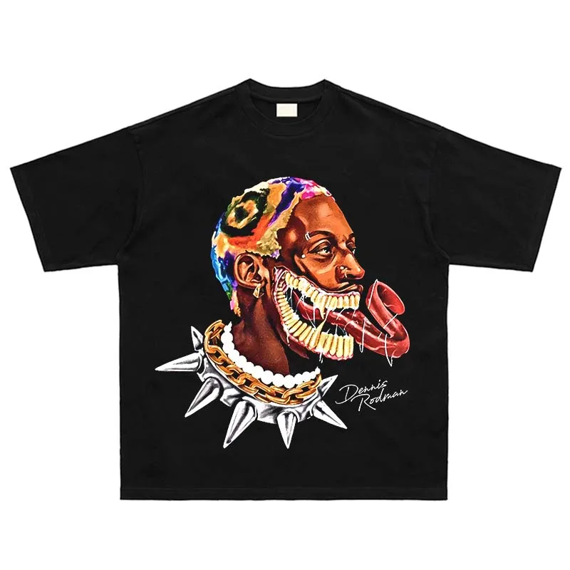 Retro Tshirt Men Oversized Funny Spoof Rodman Printed T-Shirt Hip-Hop Streetwear Cotton Washed Short Sleeve Vintage T-Shirt