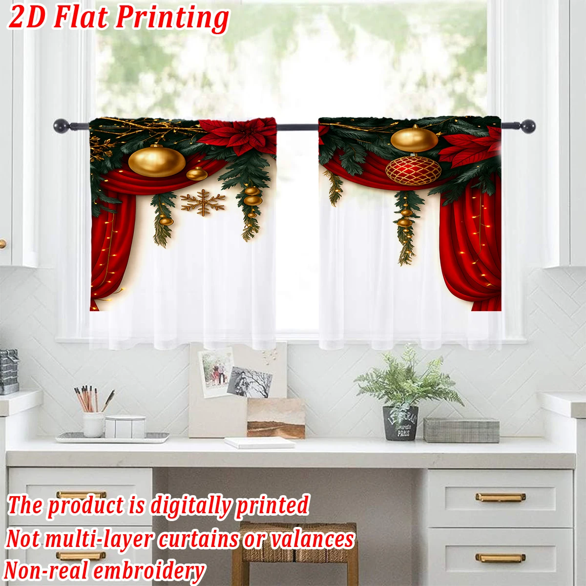 Christmas Flat Printing Kitchen Sheer Curtain with Christmas Ball Snowflake Poinsettia Ornament For Christmas Home Decor  Party