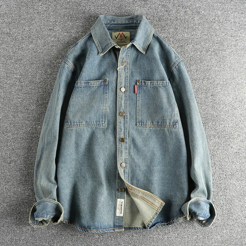 

Retro Casual Long Sleeve Lapel Denim Shirt Men Jackets Fashion Loose Single Breasted Tops Washed Old Lapels Multi-pocket Coat
