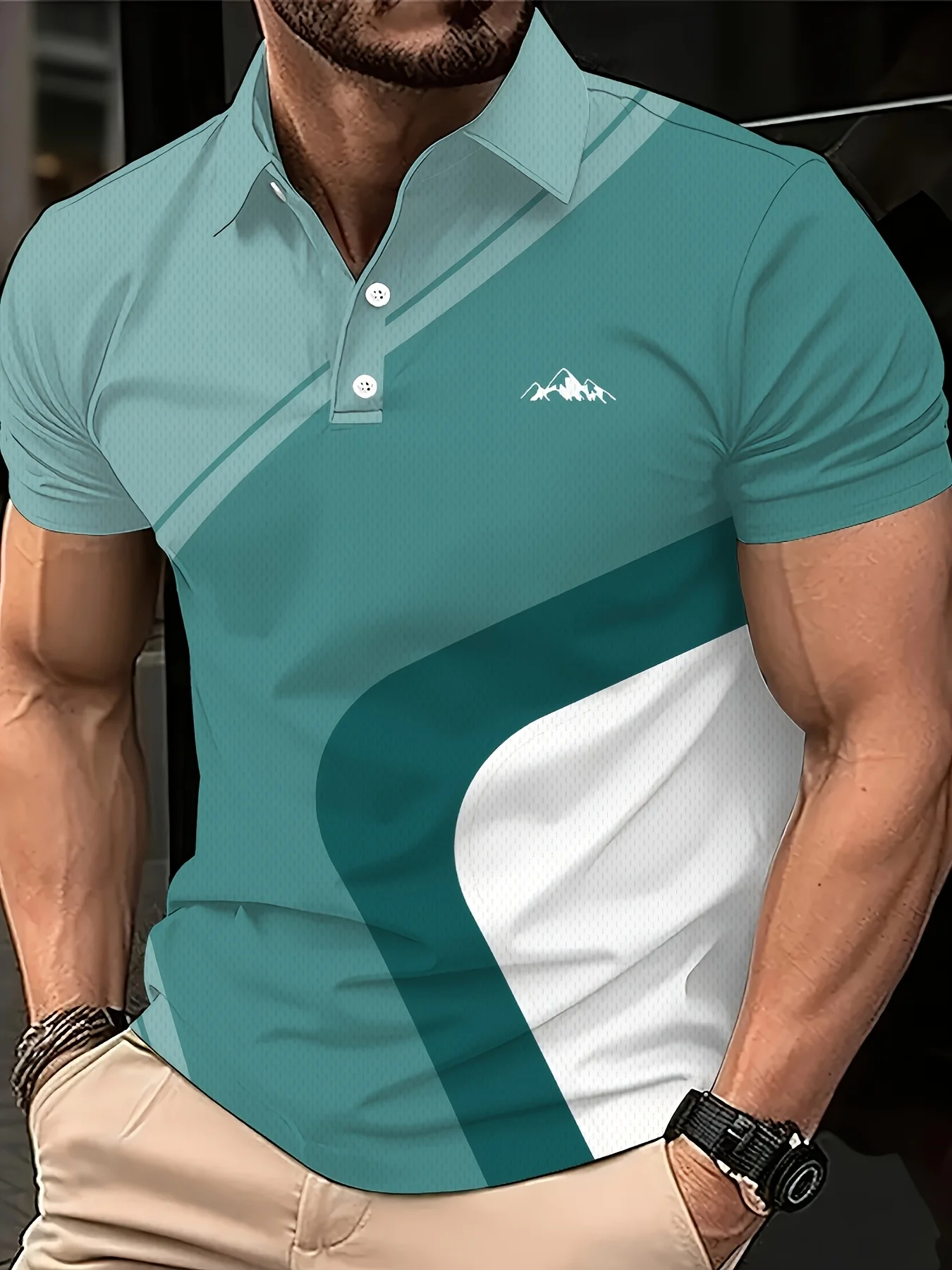 New men's short-sleeve polo shirt T-shirt, loose-fitting and tailored with printed patterns, versatile basic crew-neck top suita