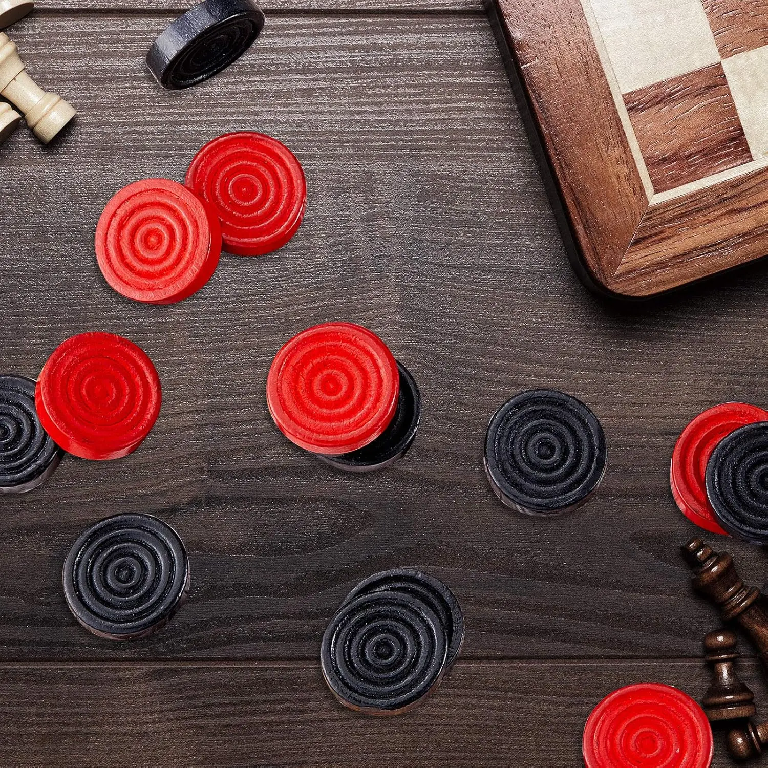 24ピース木製チェッカーセット、1.06フィートの赤と黒の積み重ね可能なピース、巾着ポーチ付き