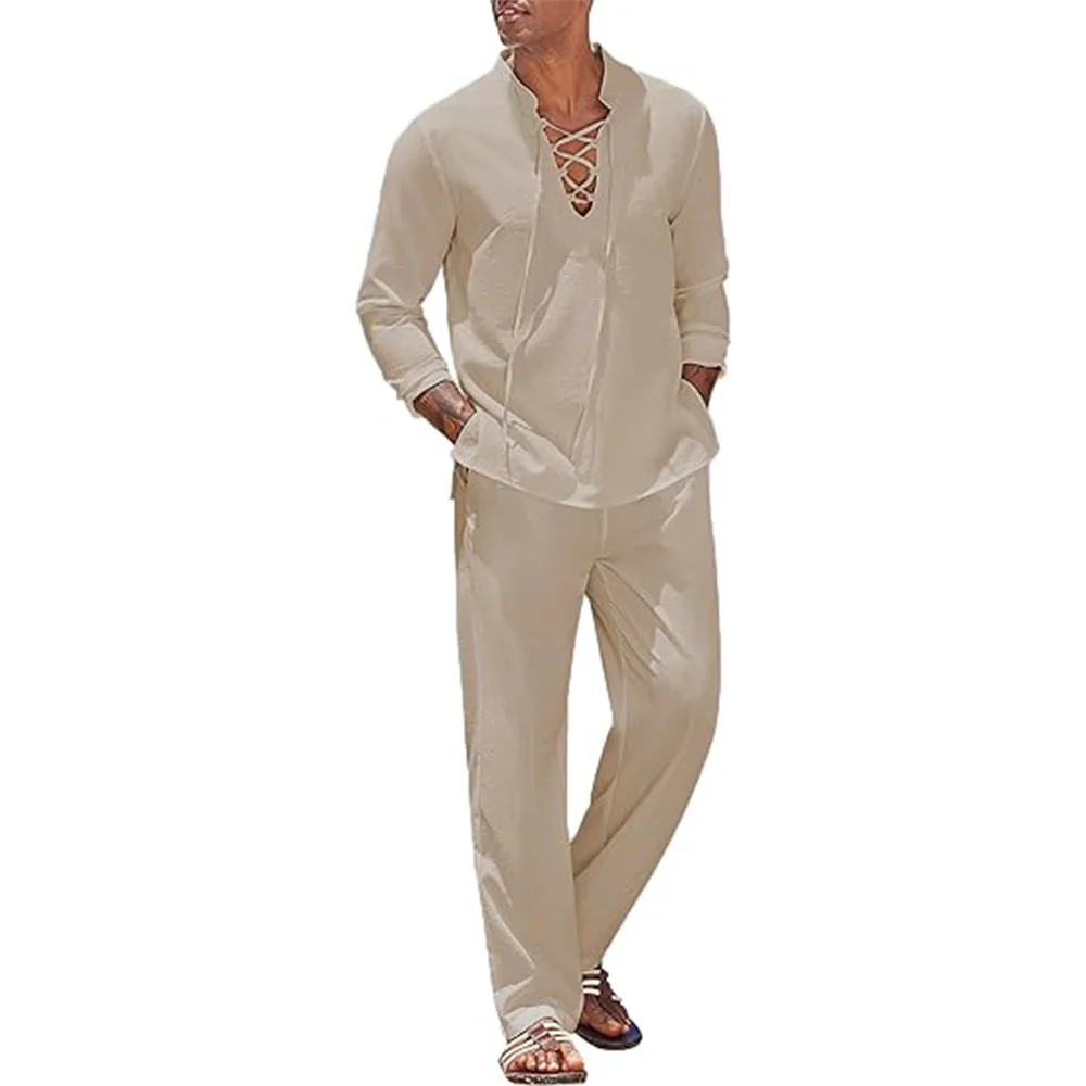 2pcs Set Men\'s Cotton Linen Shirt and Pants Suits for Men Beach Wear Tracksuit Solid Color Shirts Sweatpants Hawaiian Vacation