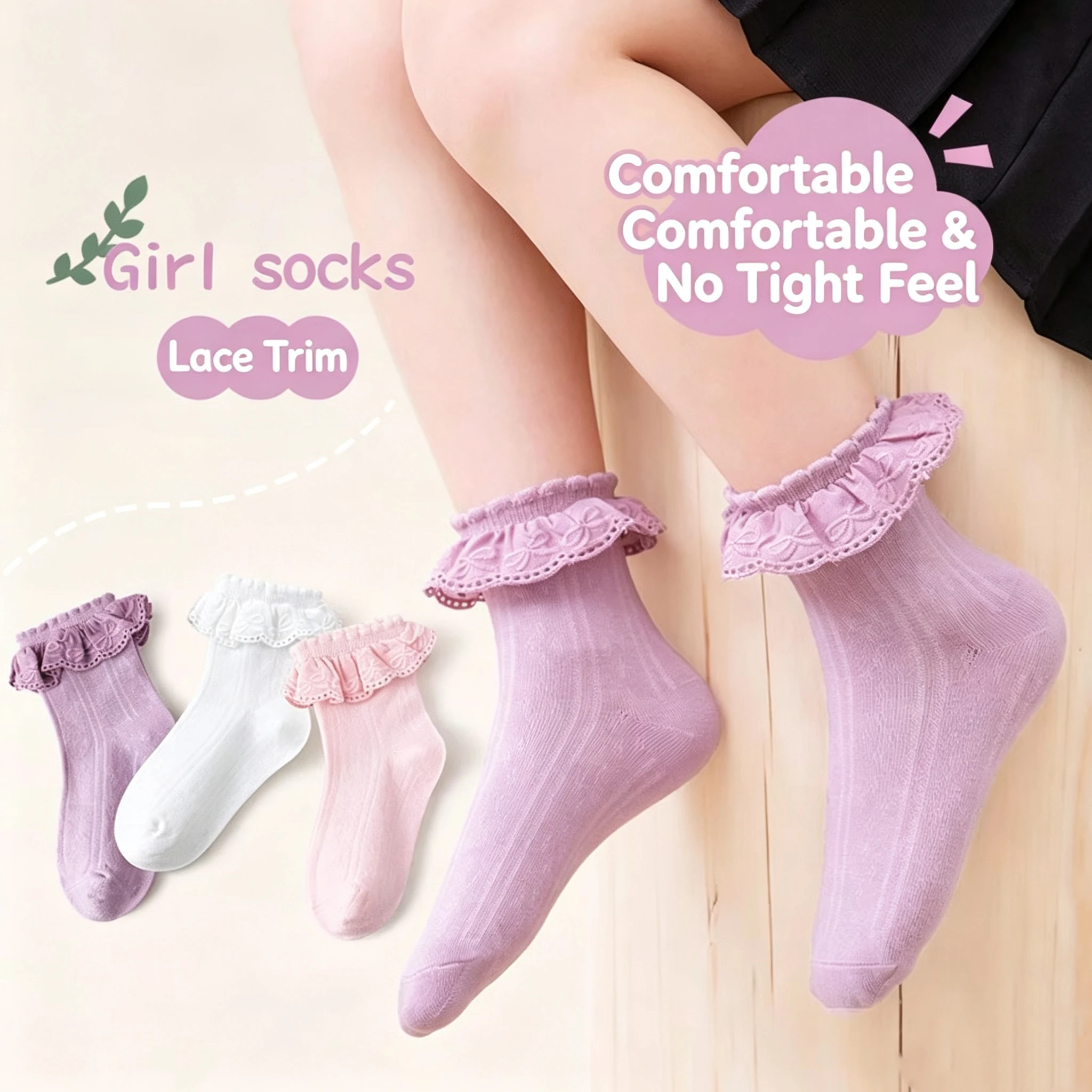 Kids Frill Ruffle Ankle Socks,All‑Season Soft Stretchy Non‑Tight Cuff Princess Socks for Girls Dress & Mary Jane Shoes