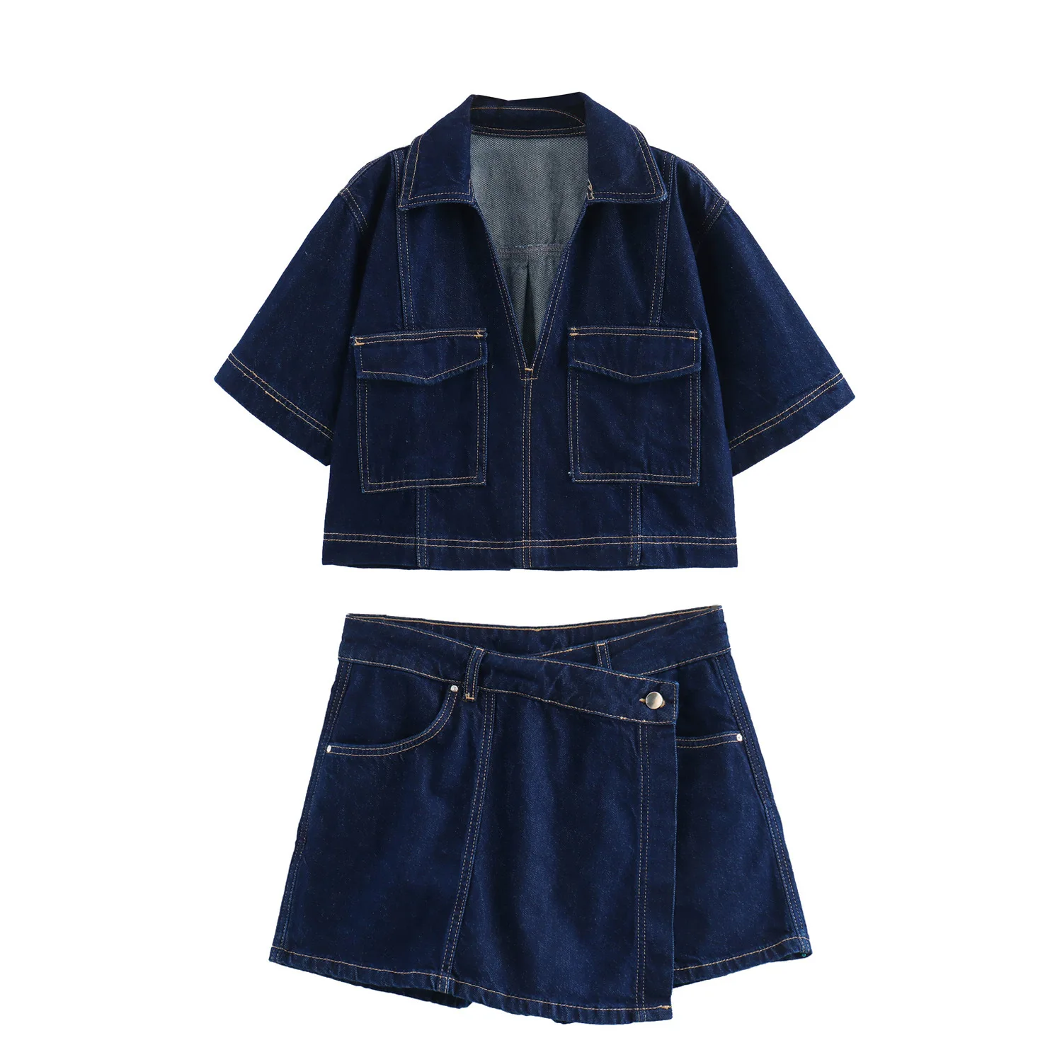 Women\'s casual denim suit V-neck short sleeve loose shirt high waist button shorts skirt fashion 2024 summer fashion suit