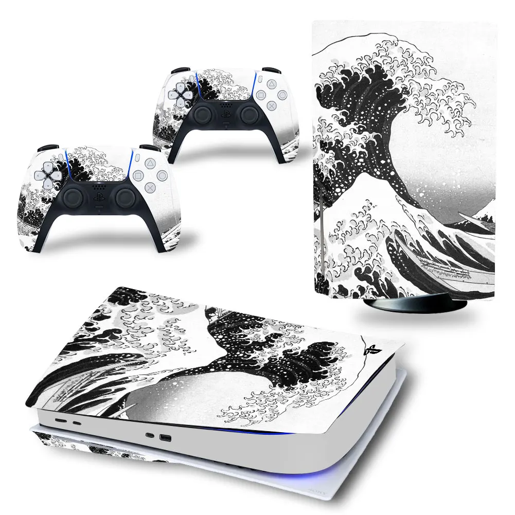 Skin Sticker for PS5 Disc Edition Console and 2 Controllers Protective Accessories Decal Cover for PS5 Disk Sea Waves Design