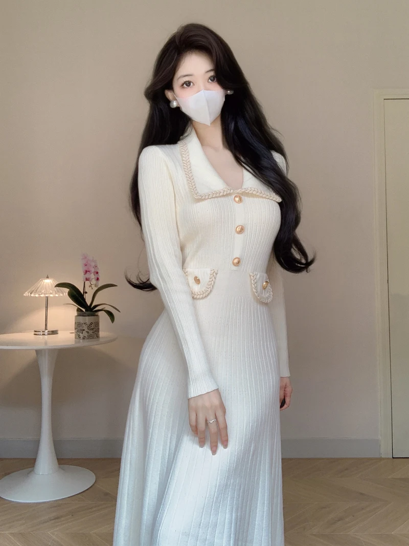 4 Colours Long Knit Dress Elegant Women 2023 Korean Chic Lapel Long-sleeved Black Dress Fall Winter Pretty OL Temperament Dress