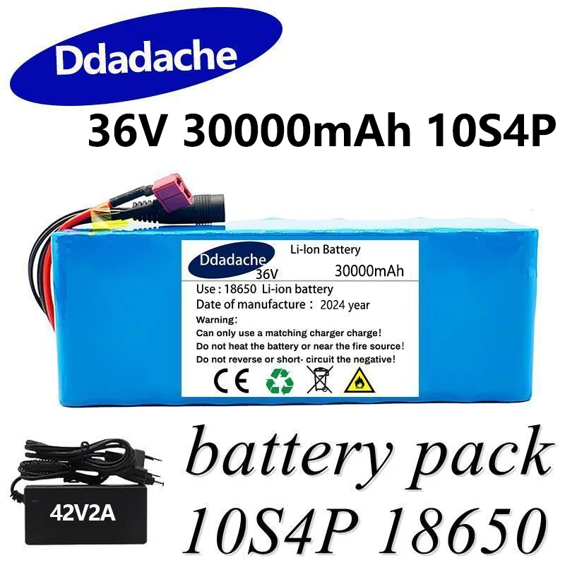 

New 36V 10s4p 30AH large capacity 500W XT60/T-Plug rechargeable battery pack 18650 lithium-ion battery+BMS interface+42V charger