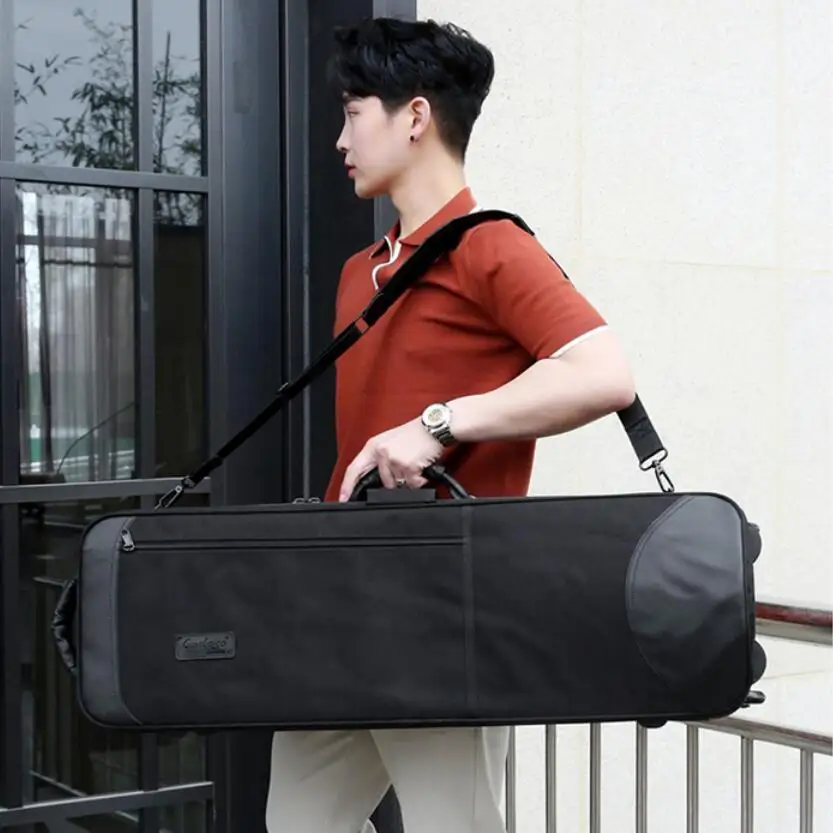 Tenor Trombone Case Bag Double Shoulder Portable Trombone Bag One Shoulder Bag Pulley Box Wheels Bag Waterproof Trombone Box Bag